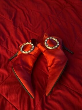 Red Satin Pointed Toe Heeled Mules with Decorative Buckle